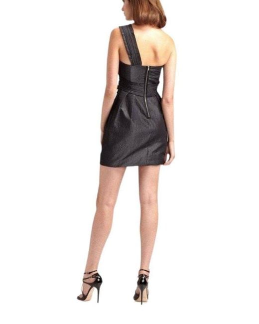BCBGMAXAZRIA Black One Shoulder Gunmetal Jacquard Rosette Dress