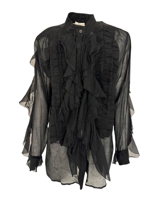 Dries Van Noten Black Ruffle Cotton Silk Blend Shirt