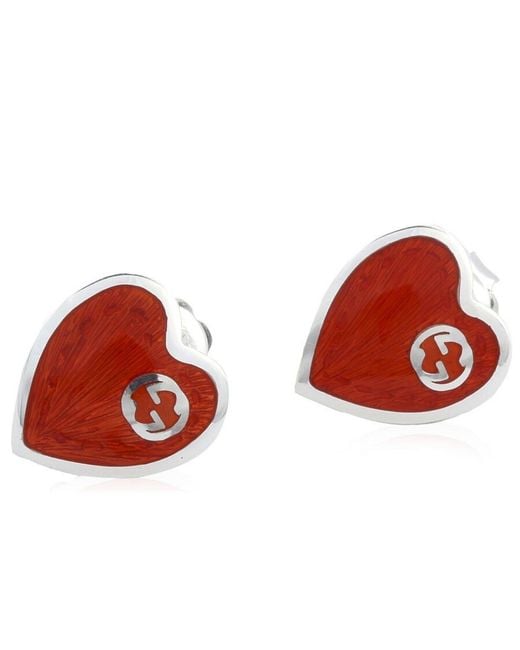 Gucci Interlocking G Heart Stud Earrings In Sterling Silver With Red Enamel