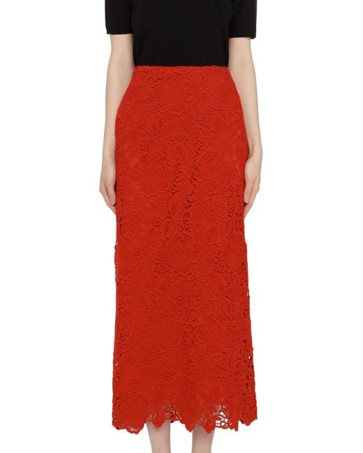 Valentino Red Floral Guipure Lace Pencil Skirt