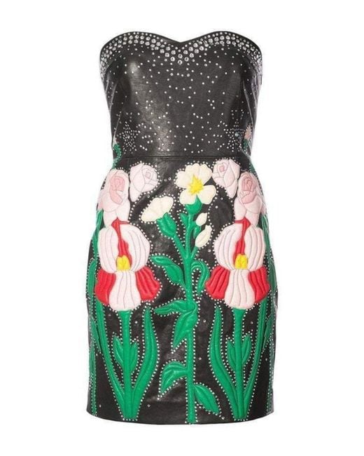 Gucci Gray Leather Flower Intarsia Strapless Dress