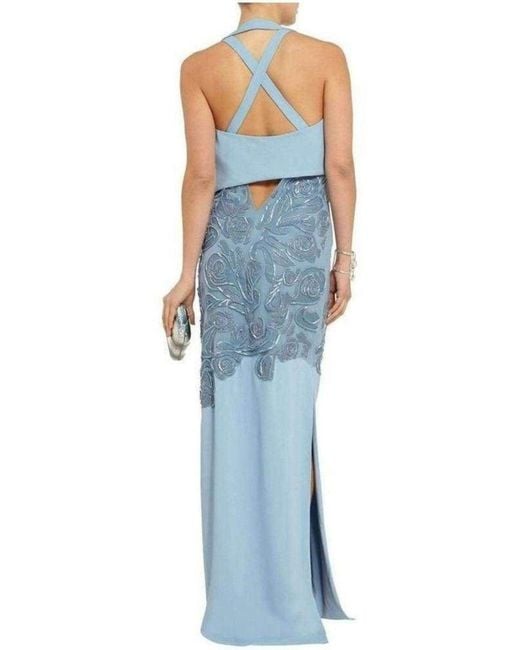 Versace Blue Leather Cutout Lace Embellished Gown Fr 40 (us 10)