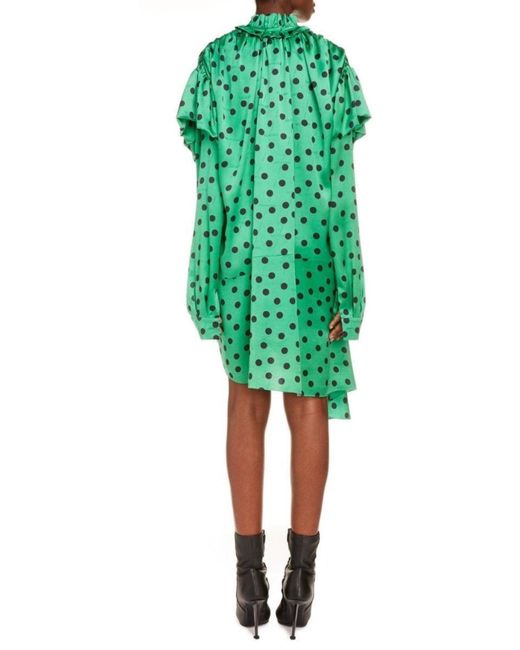 Balenciaga Green Polka Dot Print Long Sleeve Logo Jacquard Babydoll Dress