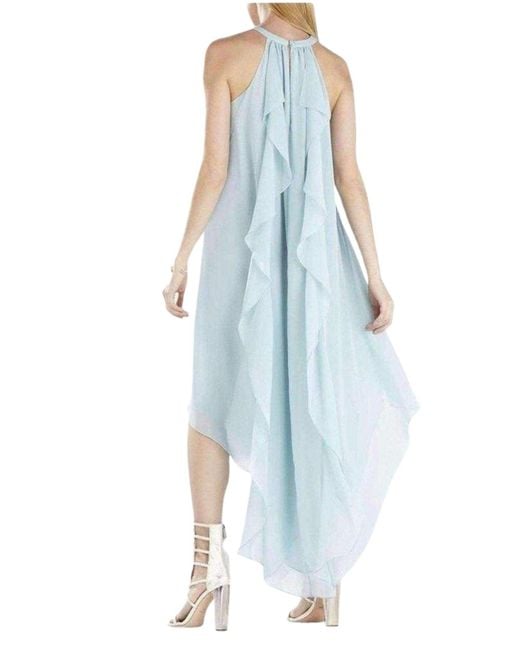 BCBGMAXAZRIA Blue Kelsia Aqua Mist Cascade Ruffle Halter Dress