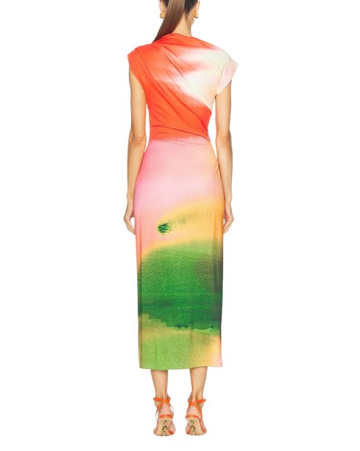 Oscar de la Renta Red Draped Watercolor-print Jersey Midi Dress