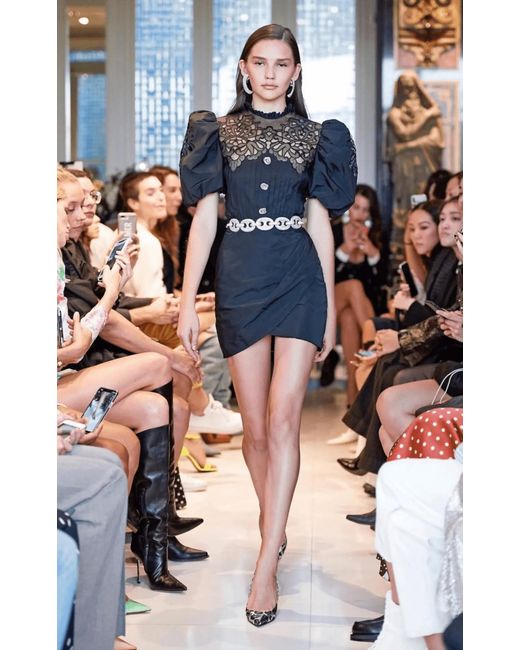 Alessandra Rich Black Taffeta Mini Dress With Lace