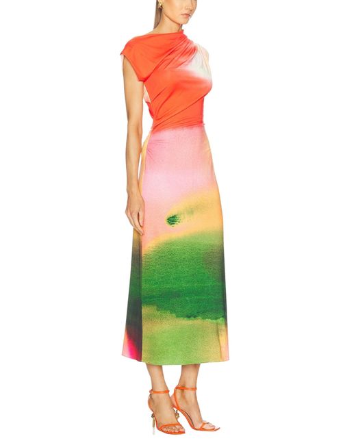 Oscar de la Renta Red Draped Watercolor-print Jersey Midi Dress