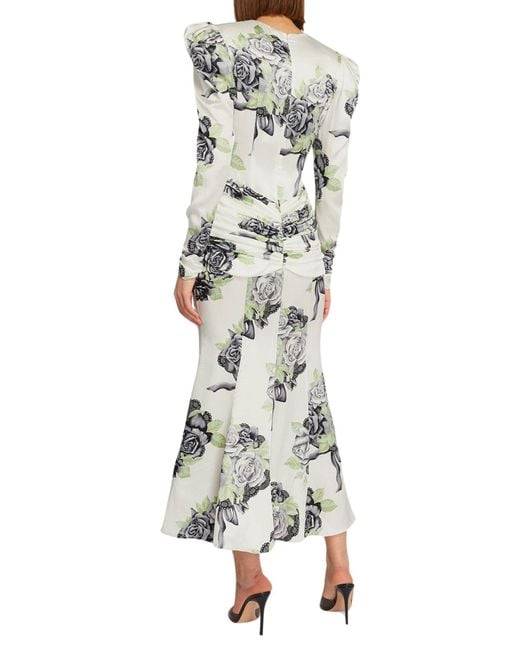 Alessandra Rich Gray Silk Satin Rose Print Midi Dress