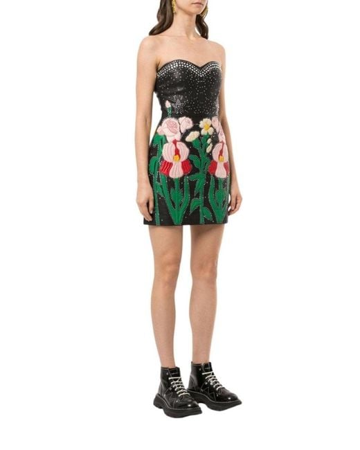 Gucci Gray Leather Flower Intarsia Strapless Dress