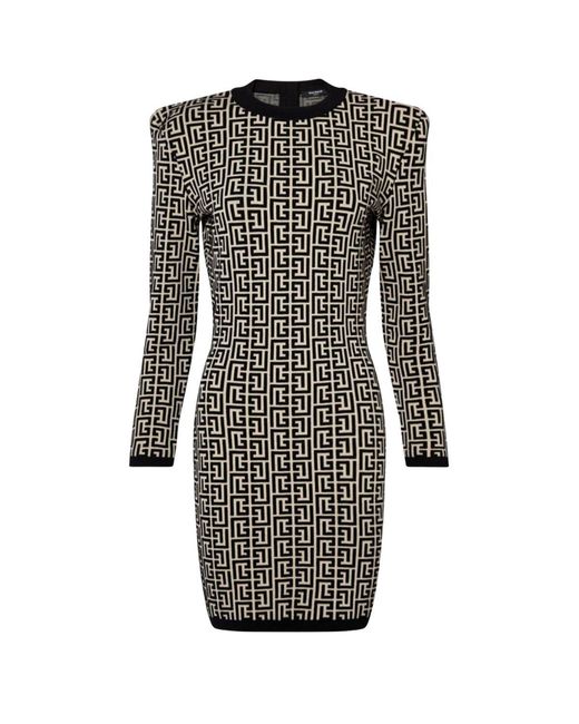 Balmain Black Monogram Jacquard Wool Blend Minidress