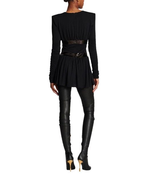 Balmain Black Sequin-embellished V-neck Mini Dress