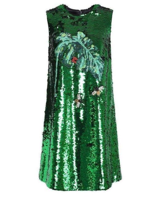 Dolce & Gabbana Green Banana Leaf Sequin Mesh Mini Dress