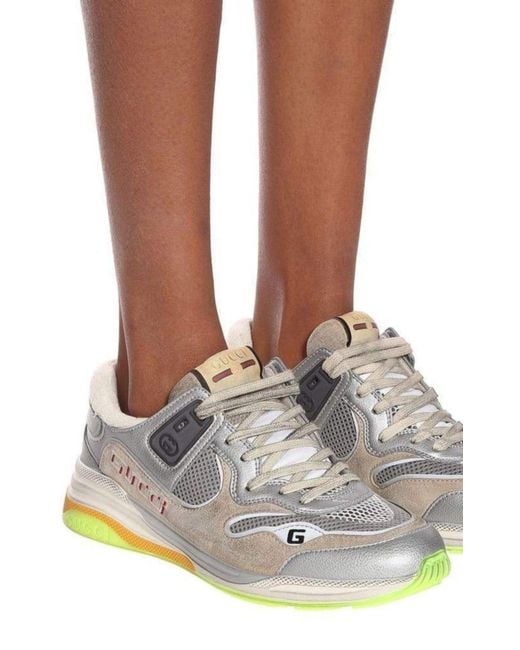 Gucci White Ultrapace Metallic Leather Distressed Suede Sneakers It 36