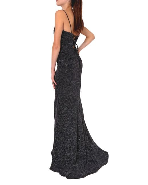 Cult Moda Blue Criss Cross Open Back Black Shimmer Prom Dress