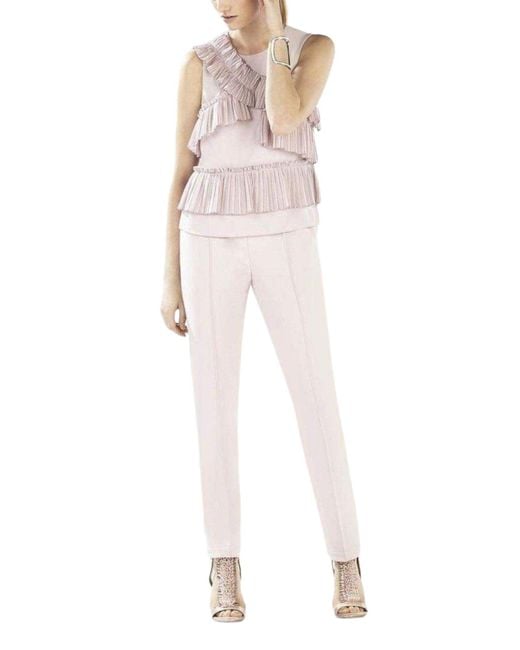 BCBGMAXAZRIA Natural Lorain Pleated Ruffle Applique Top