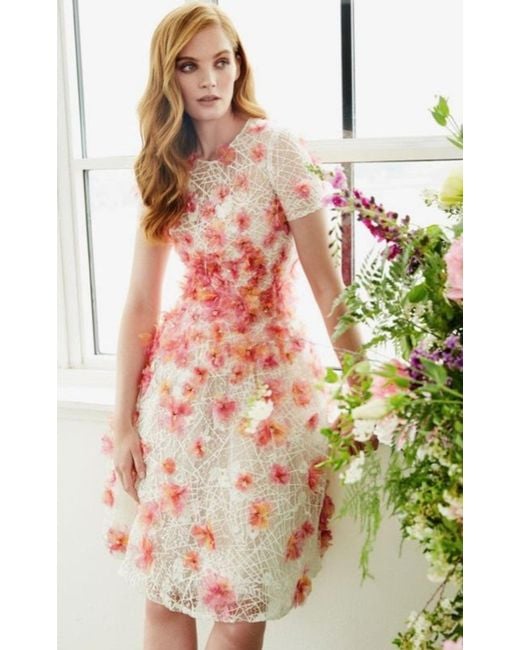 Pamella Roland Pink Floral-appliqued Lace Midi Dress