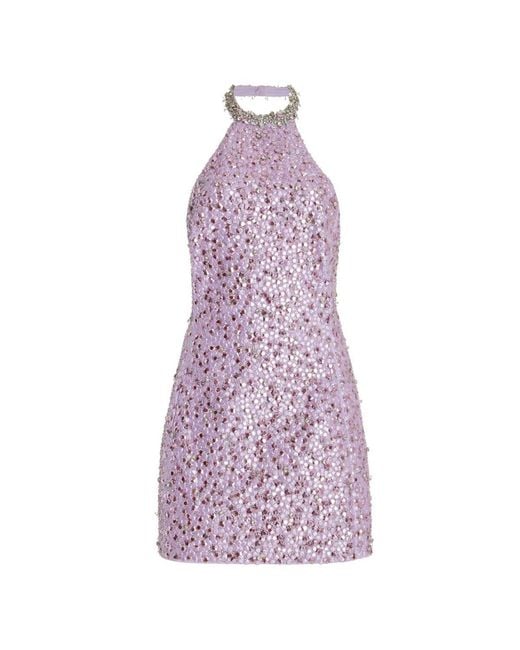 DES_PHEMMES Purple Embroidered Stretch Satin Halter Mini Dress