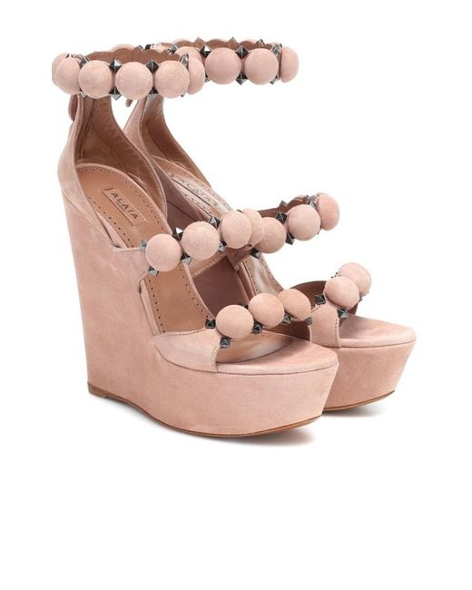 Alaïa Pink Bombe Suede Wedge Sandals