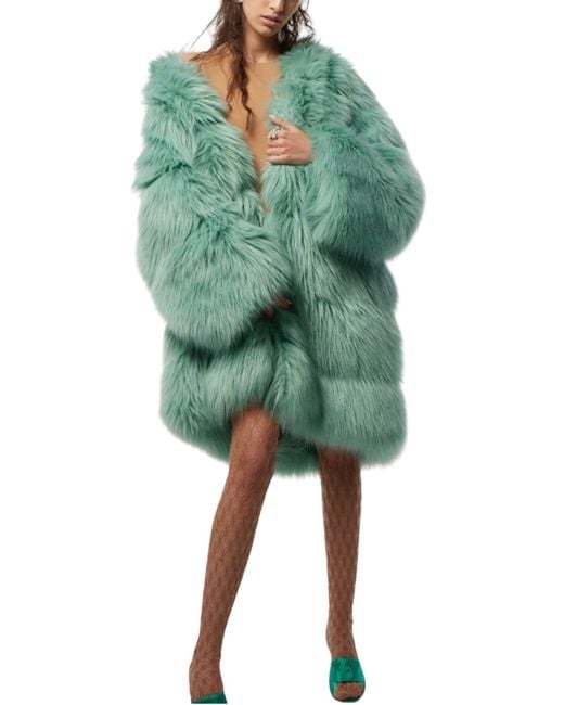 Gucci Green Faux Fur Coat In Mint Color