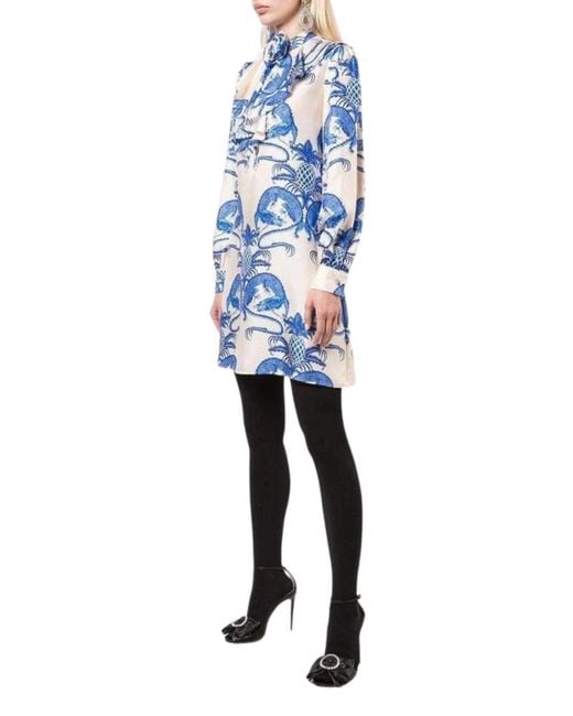 Gucci Blue Silk Dragon Print Twill Ruffle Neck Dress