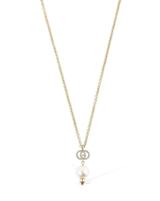 Gucci Metallic Interlocking G Pearl Crystal Necklace