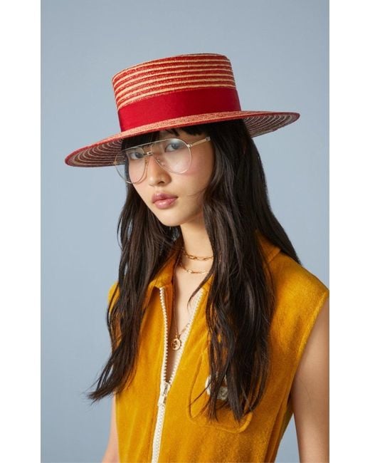 Gucci Red Alvy Striped Raffia Wide Brim Hat