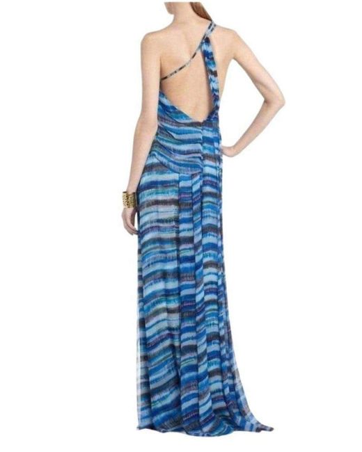 BCBGMAXAZRIA Blue Stella One Shoulder Dreamy Print Silk Dress