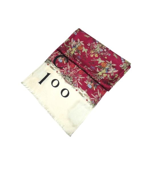 Gucci Red 100th Anniversary Floral Silk Scarf Burgundy