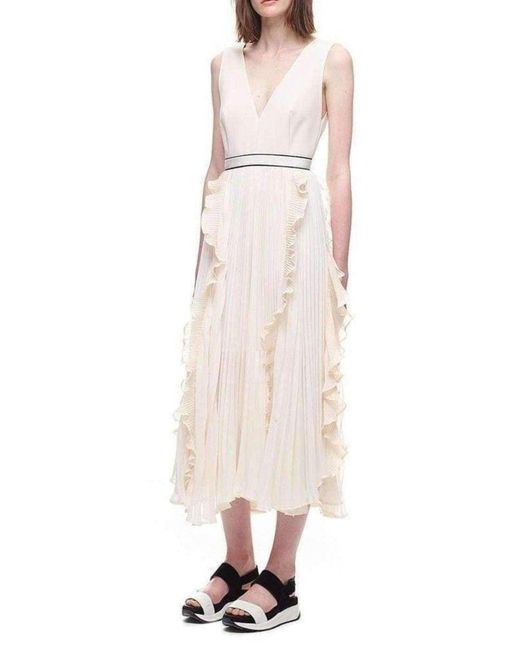 Self-Portrait White V-neck Dress With Fluted Pleats Uk 6 (us 2)