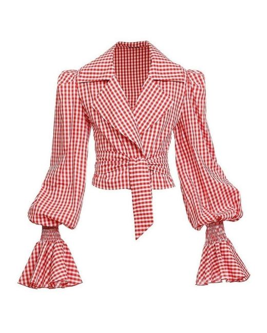 Balmain Red Balloon-sleeve Gingham Blouse