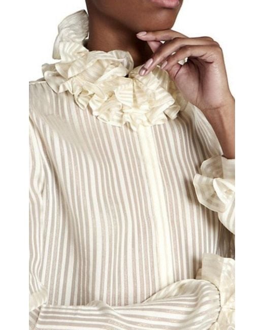 Saint Laurent Natural Ivory Ruffle-collar Striped Silk Shirt