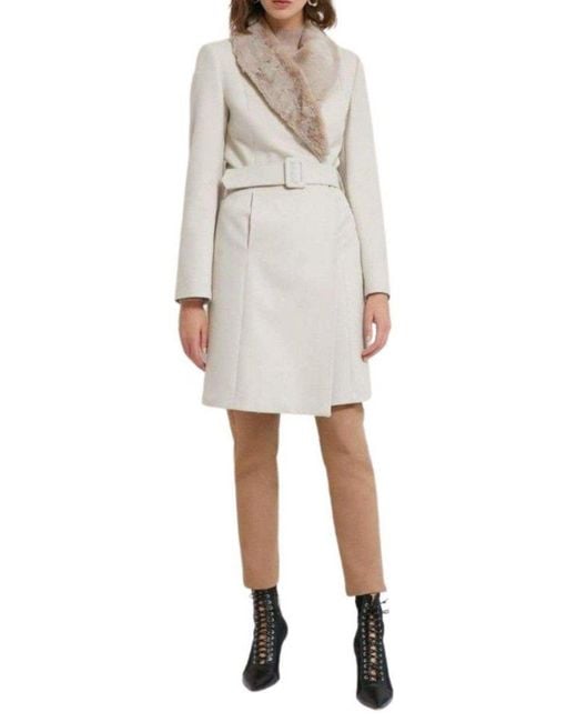 Cult Moda Natural Faux Fur Collar Wrap Trench Coat
