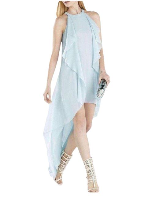 BCBGMAXAZRIA Blue Kelsia Aqua Mist Cascade Ruffle Halter Dress