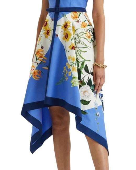 Oscar de la Renta Blue Floral-print Flared Cotton Dress