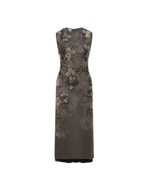 Miu Miu Gray Graphite Grey Organza Floral Appliqué Beaded Sheath Dress