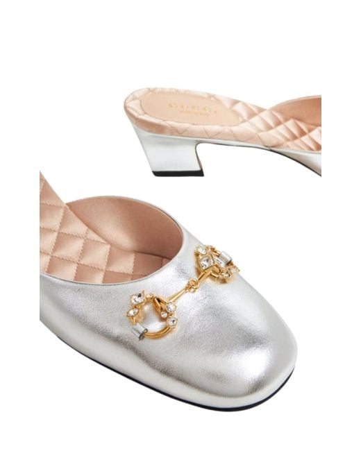 Gucci White Silver Leather Horsebit Mules