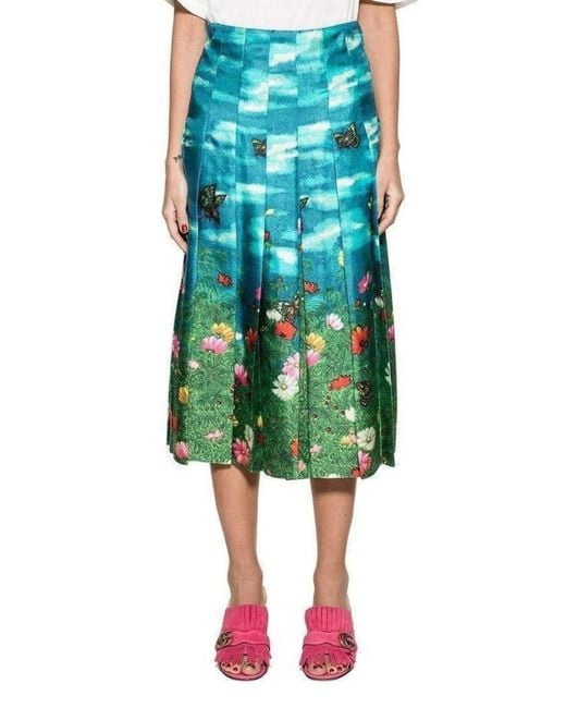 Gucci Blue Vita Garden Pleated Silk Skirt It 36 (us 0)