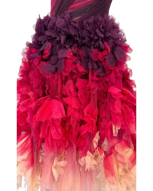 Marchesa Red One Shoulder Floral Dress