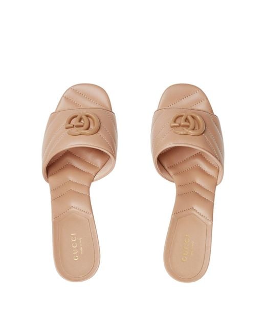 Gucci Pink Double G Beige Leather Slide Sandals