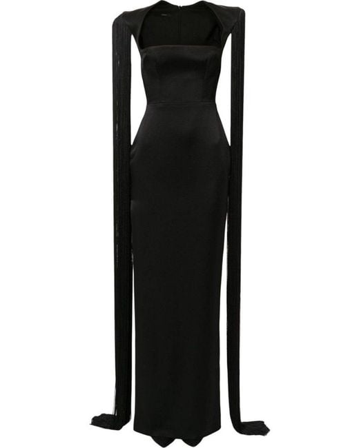 Alex Perry Black Dallas Fringed-sleeve Gown