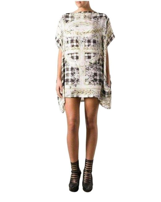 Balmain Gray Cream Printed Silk Tunic Dress With Batwing Sleeves