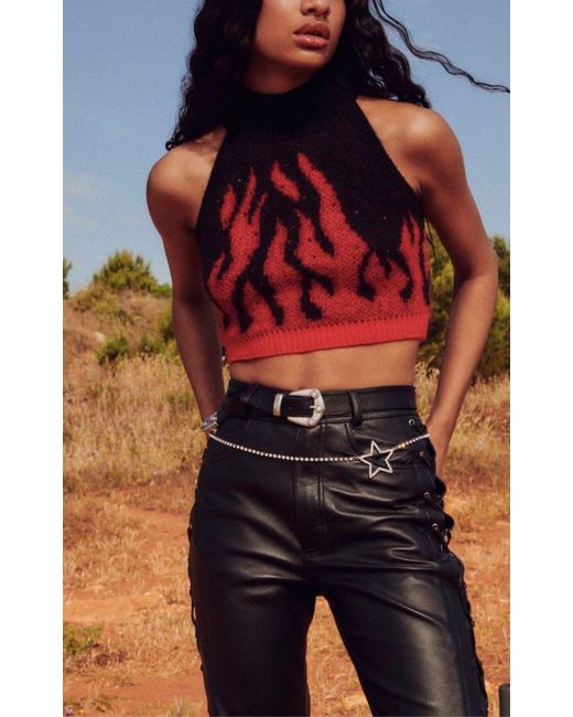 Alessandra Rich Red Flames Jacquard Knit Crop Top