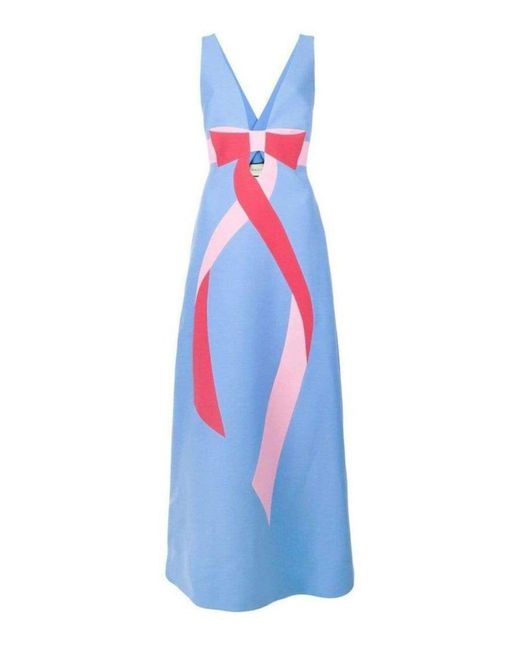 Gucci Blue Floor-length Bow Detail With V Neck Gown
