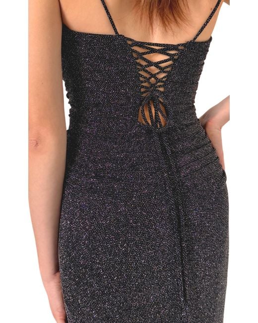 Cult Moda Blue Criss Cross Open Back Black Shimmer Prom Dress