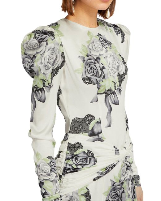 Alessandra Rich Gray Silk Satin Rose Print Midi Dress