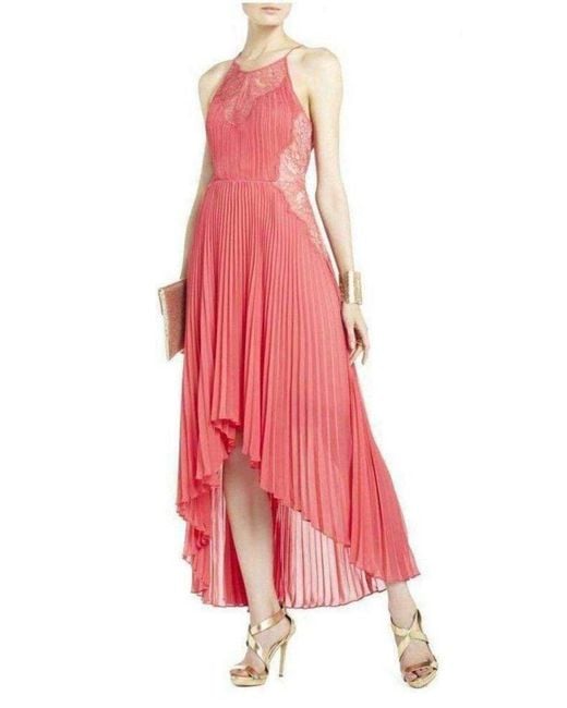 BCBGMAXAZRIA Red Maryella Deep Coral Pleat And Lace Dres