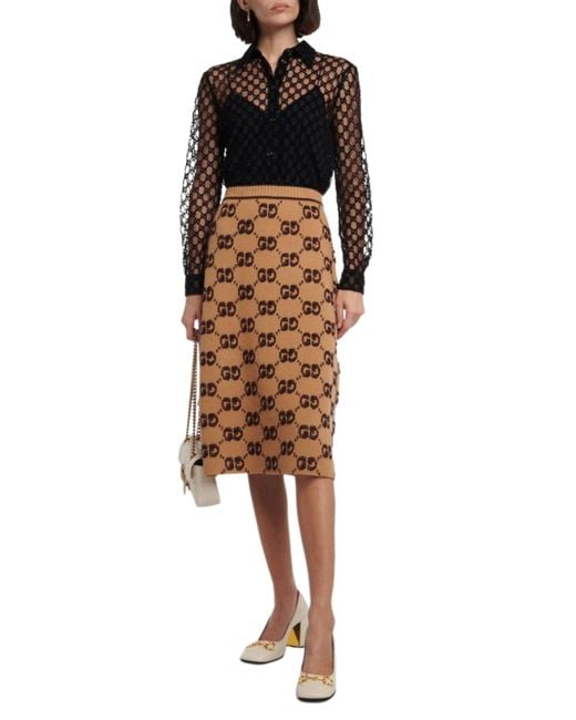 Gucci Natural GG Logo Jacquard Wool Bouclé Midi Skirt