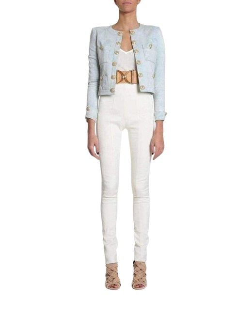 Balmain Blue Cropped Stretch Cotton Denim Blazer