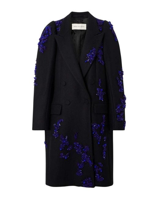 Dries Van Noten Blue Rinky Embroidered Wool Blend Cocoon Coat