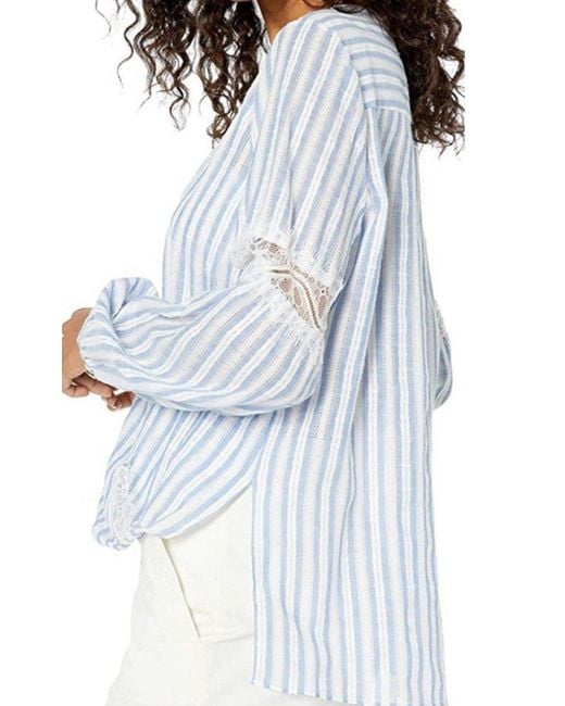 BCBGMAXAZRIA Blue Striped Faux Wrap Cotton Blouse